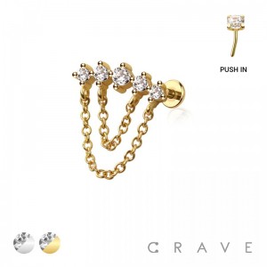 MULTI ROUND CZ DANGLE CHAIN TOP 316L SURGICAL STEEL THREADLESS (PUSH IN ) LABRET SET